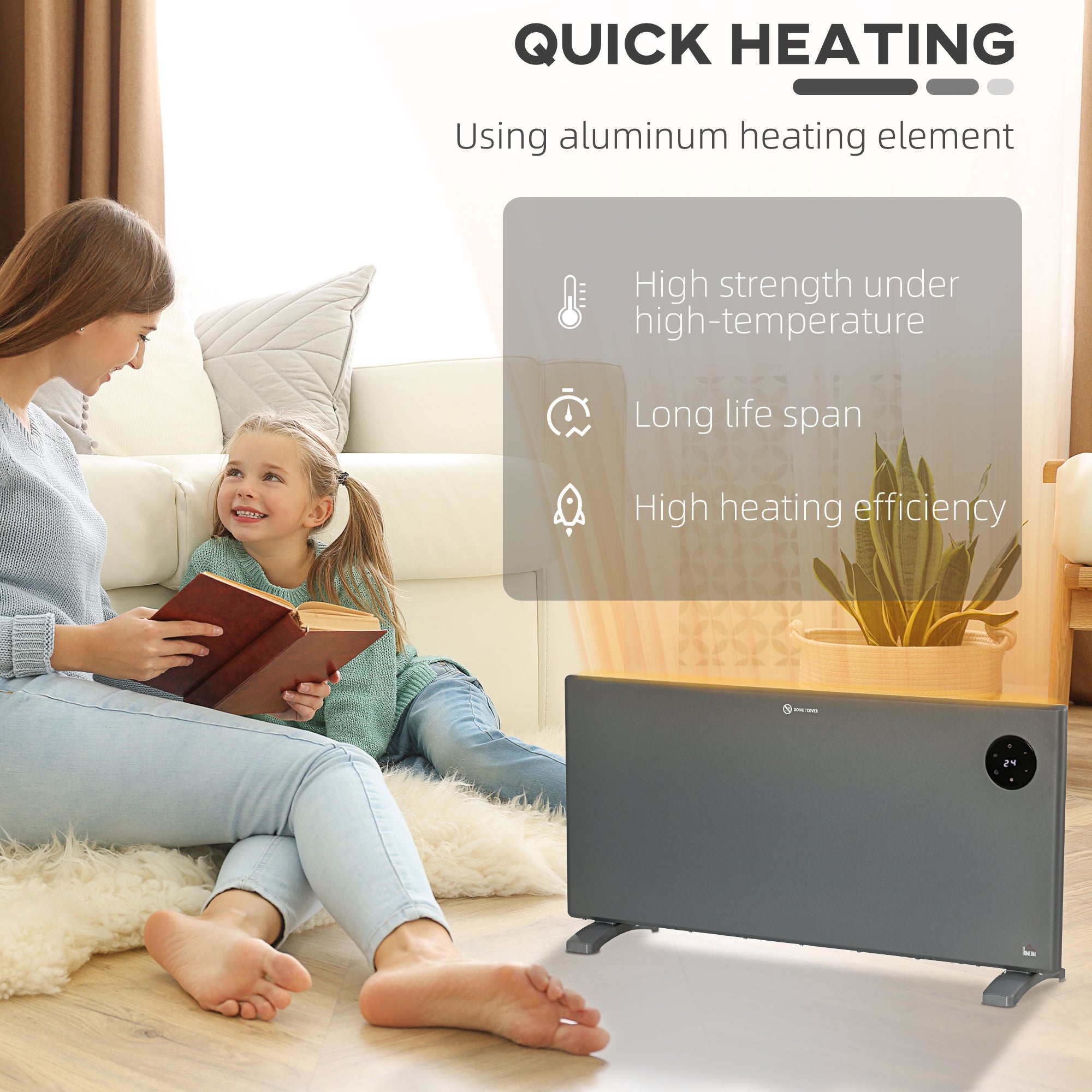Fynco - 2000W Electric Convector Heater, Freestanding or Wall Mounted, Space Heater with Adjustable Thermostat, Timer, Grey