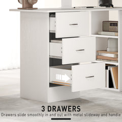 Fynco - Computer Desk, Writing Table, PC Workstation with 3 Storage Shelves and Drawers, Silver Handle, for Home Office, White
