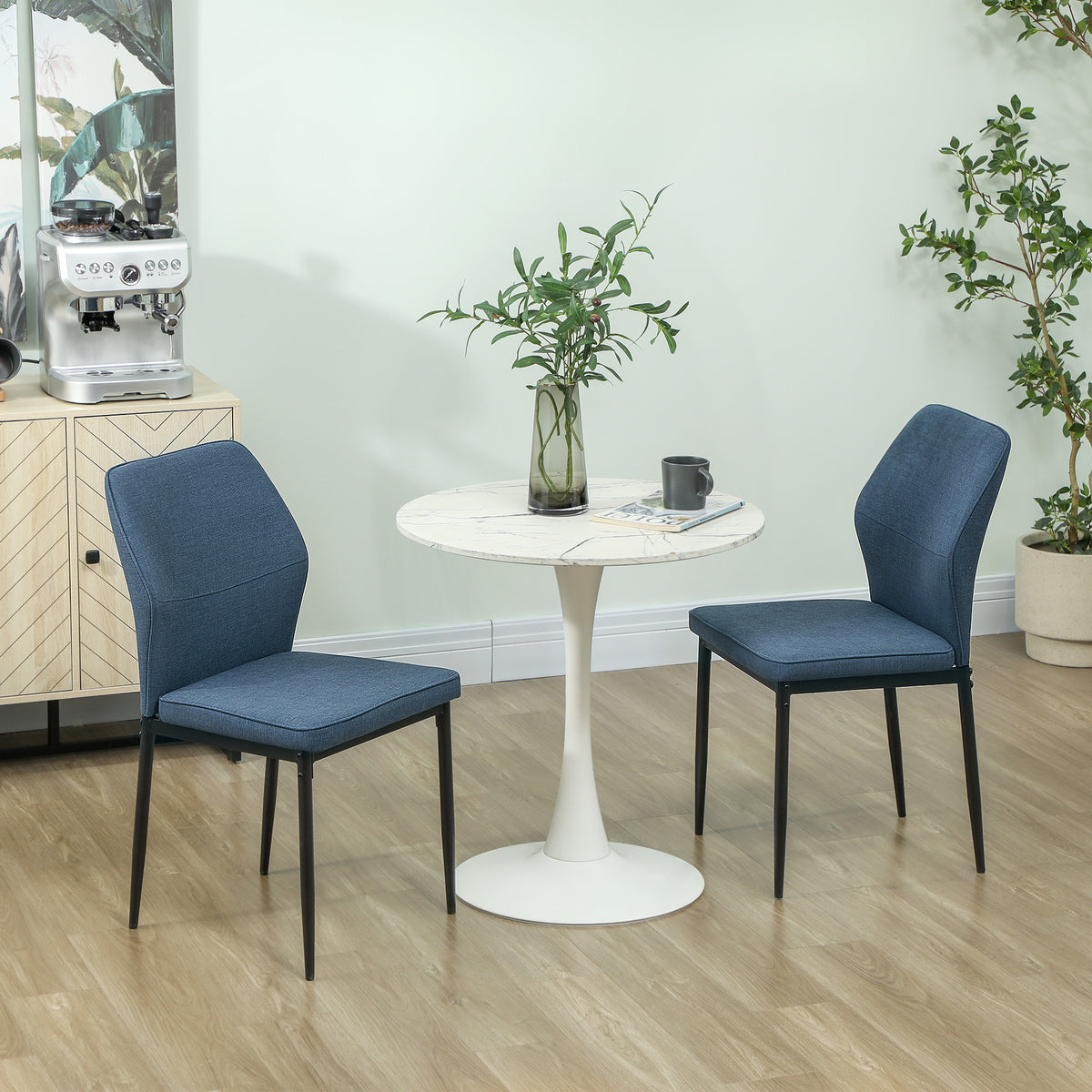 Velvet Dining Chairs Set of 2, Modern Armless Upholstered Kitchen Chairs with Metal Legs, Curved Back and Padded Seat, for Dining Room, Bedroom, Living Room, Blue