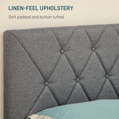Double Bed Frame with 5-Level Adjustable Linen Upholstered Headboard, Wooden Slats Mattress Foundation, No Box Spring Needed, Grey