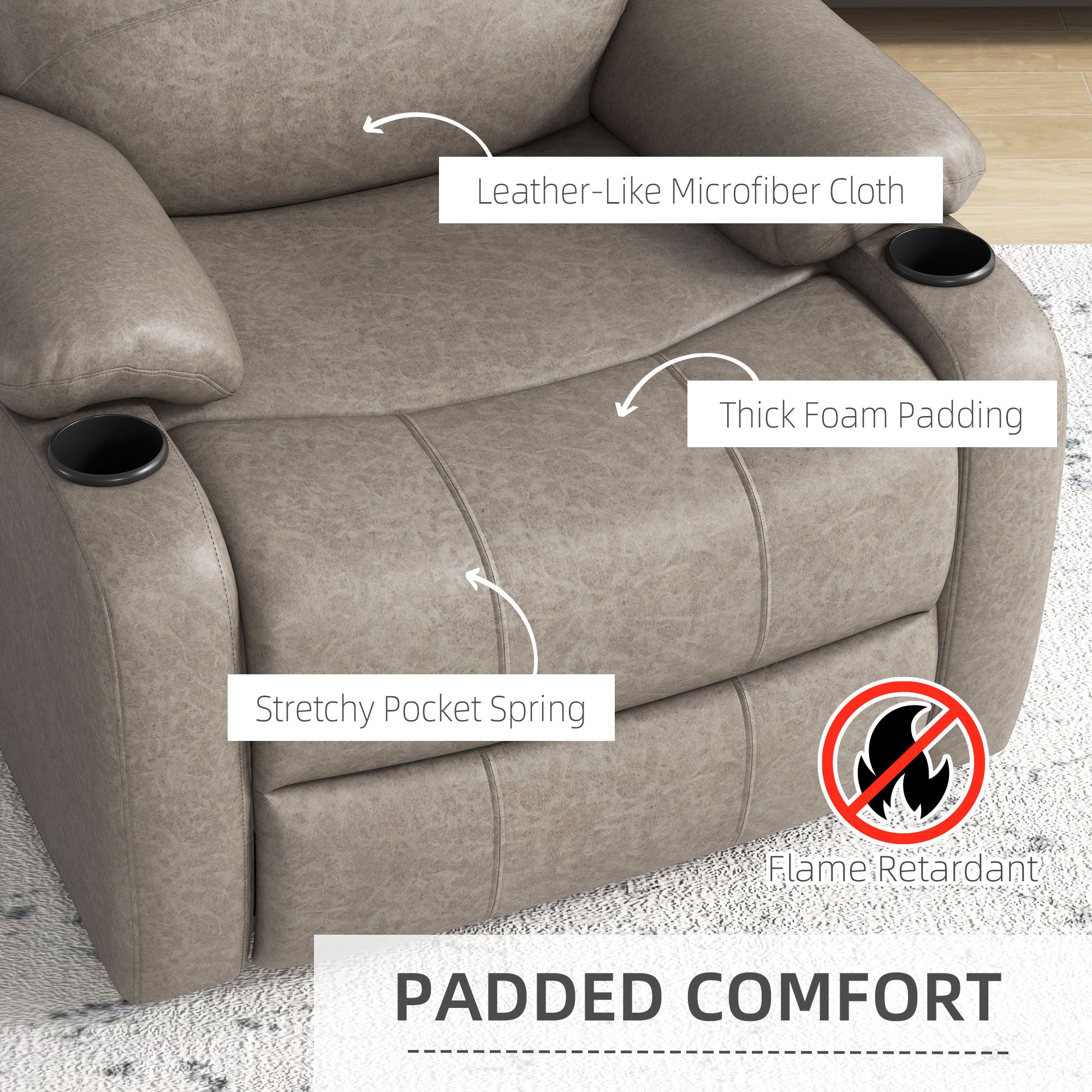 Recliner Chair, Microfibre Reclining Chair with Adjustable Leg Rest, Cup Holders, Recliner Armchair for Home Living Room, Brown