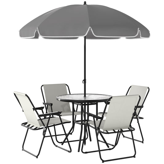 4 Seater Garden Furniture Set, 6 Pieces Garden Table and Chairs with Parasol, Outdoor Garden Dining Set with Folding Chairs and Round Glass Top Table for Patio, Cream White