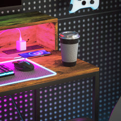 100cm Computer Desk with LED Lights and Power Outlets, Gaming Desk with Monitor Stand, Computer Table with Remote for Home Office Study, Rustic Brown