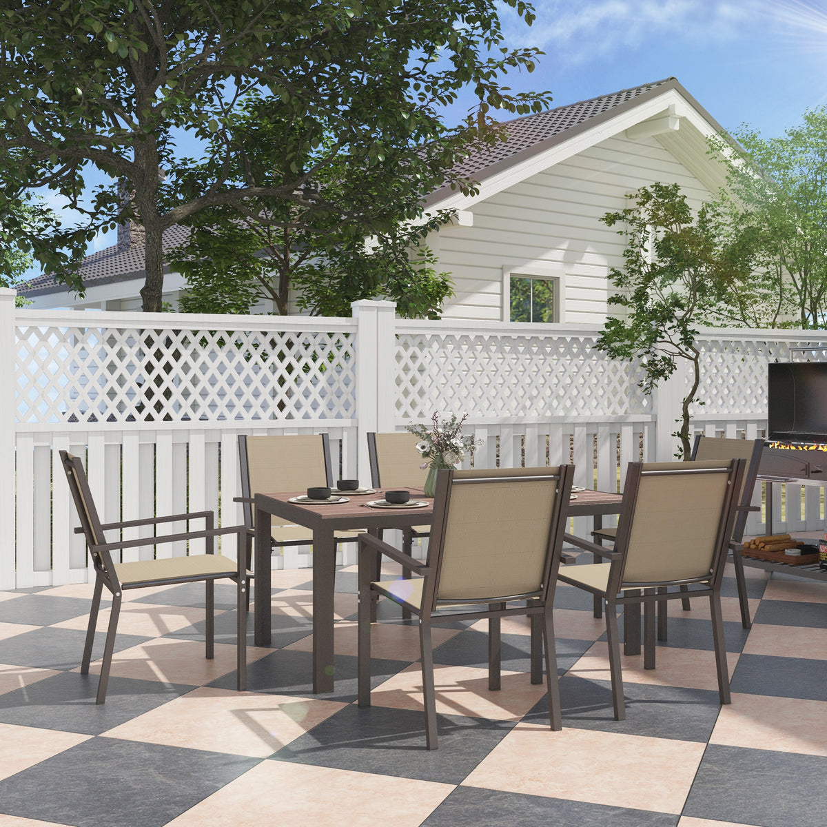 Seven-Piece Garden Dining Set, with Plastic Wood-Top Table - Brown