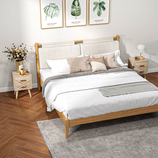 2-Piece Scandinavian Bedside Tables with Drawers, Bedside Cabinets with Wood Legs, Natural