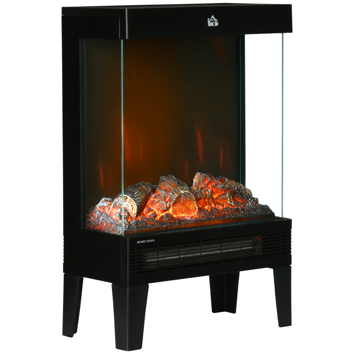 Fynco - 180° Charming Electric Fireplace Heater, Quiet Freestanding Stove with LED Flame Effect, Level-less Temperature Control, Overheating Protection, 1000W/2000W, Black