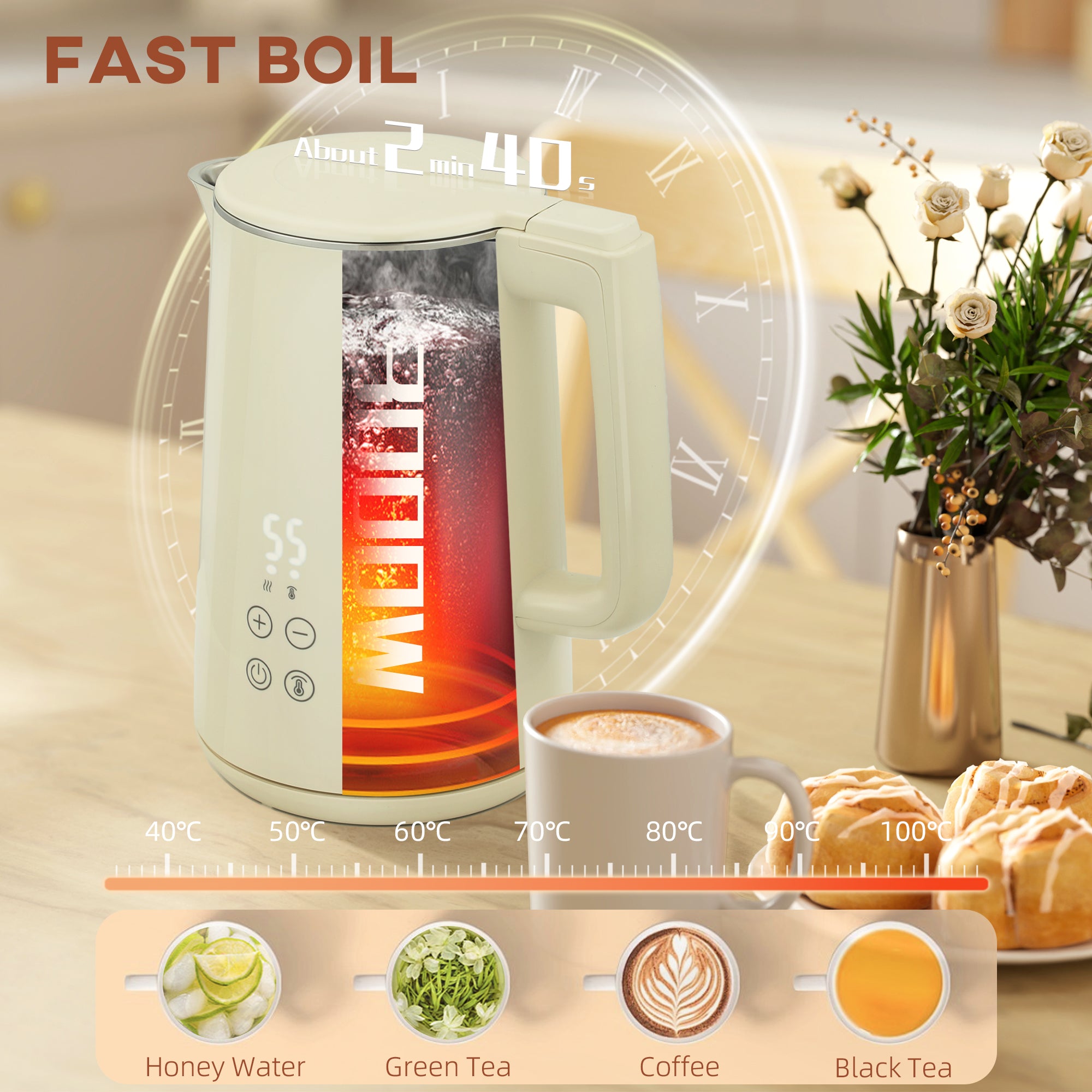 Digital Kettle and Toaster Set, 1.5L 3000W Fast Boil Kettle, 2 Slice Toaster Kitchen Set with 7 Level Browning Controls, Defrost, Reheat, Keep Warm, Crumb Tray and LED Touch Display, Beige