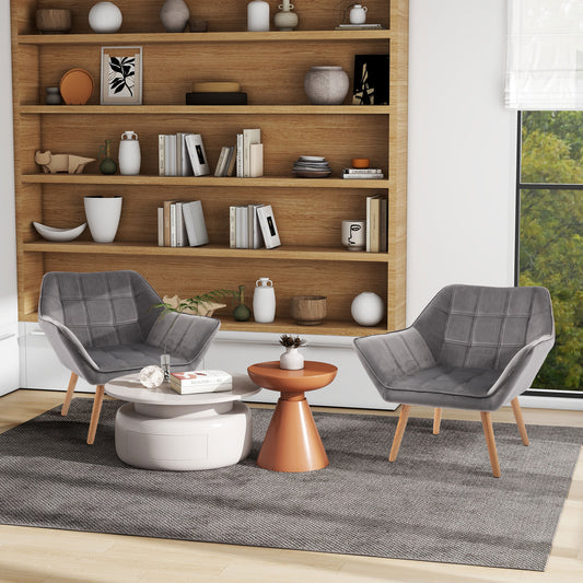 Armchair Accent Chair, Vanity Chair with Wide Arms, Slanted Back, Padding, Metal Frame, Wooden Legs, Home Bedroom Furniture Seating, Set of 2, Grey