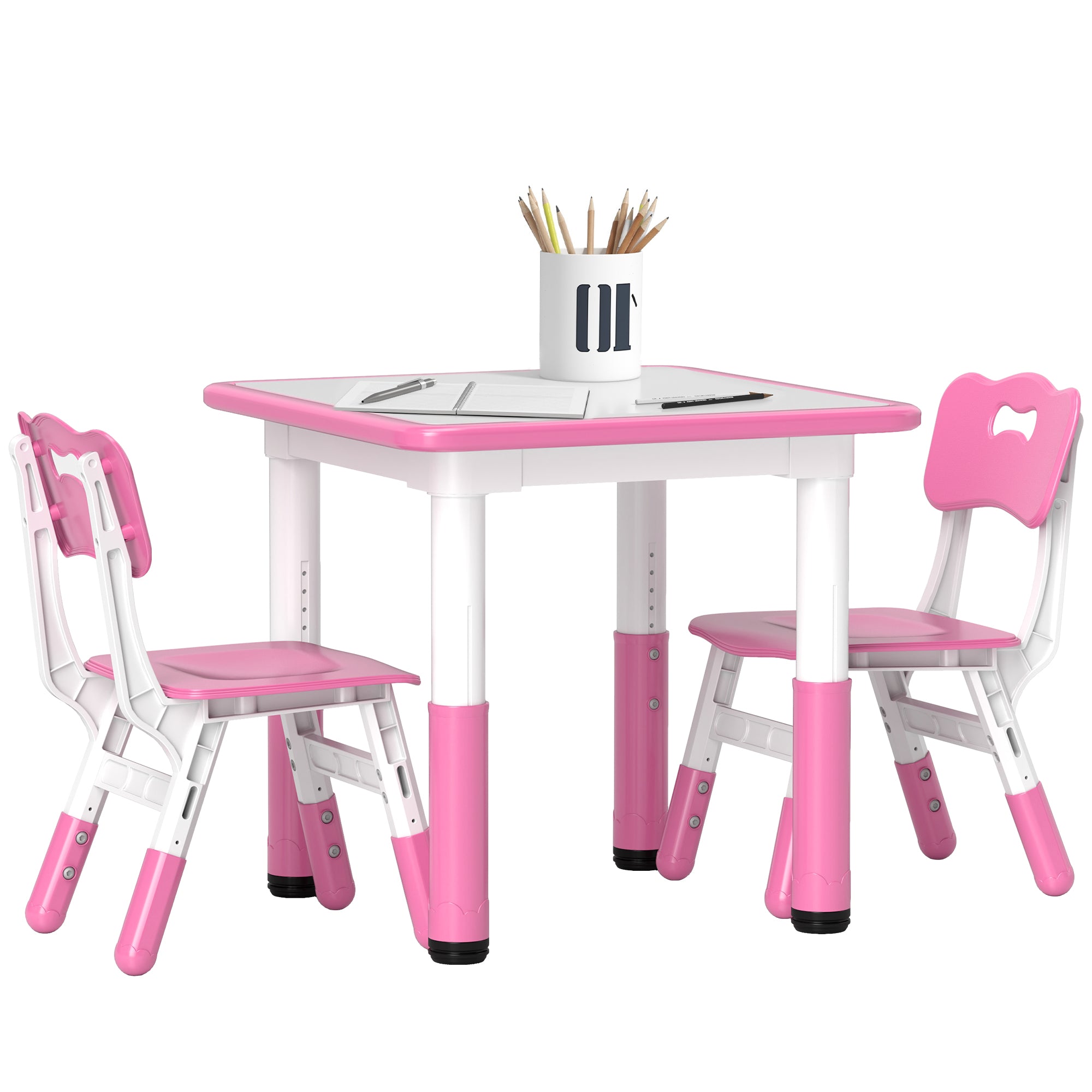 AIYAPLAY Height Adjustable Toddler Table and Chair Set, 3-Piece Children Activity Table w/ 2 Chairs for Playroom, Bedroom - Pink