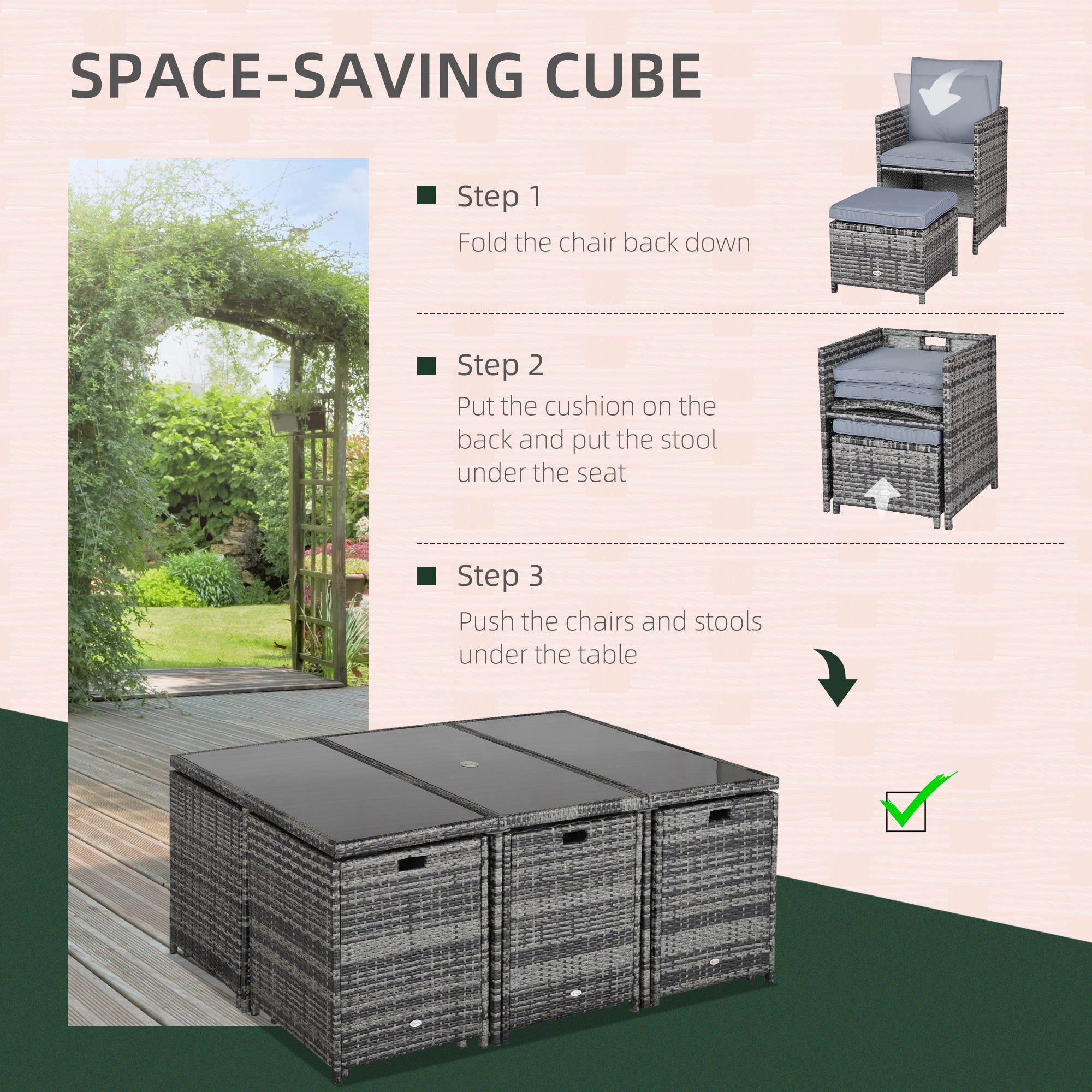 10 Seater Rattan Cube Garden Furniture Set with Parasol Hole, Rattan Dining Set with Cushions, Outdoor Dining Table and Chairs with Rectangular Glass Top Table for Patio, Mixed Grey