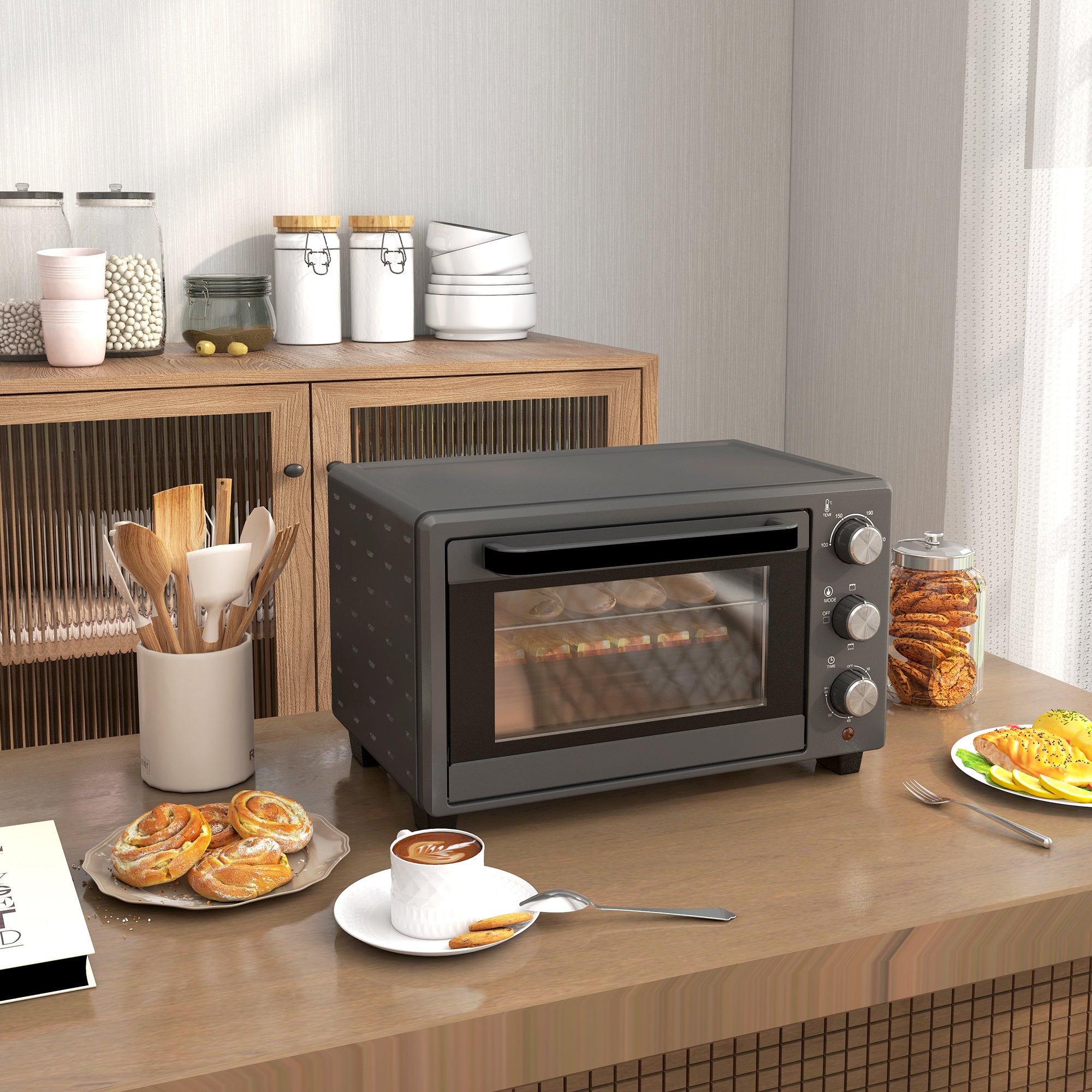 21L Mini Countertop Oven, 100°C-230°C Adjustable Temp - Grey