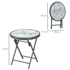 Φ45cm Garden Side Table, Outdoor Round Folding Patio Table with Imitation Marble Glass Top, Small Coffee Table, White
