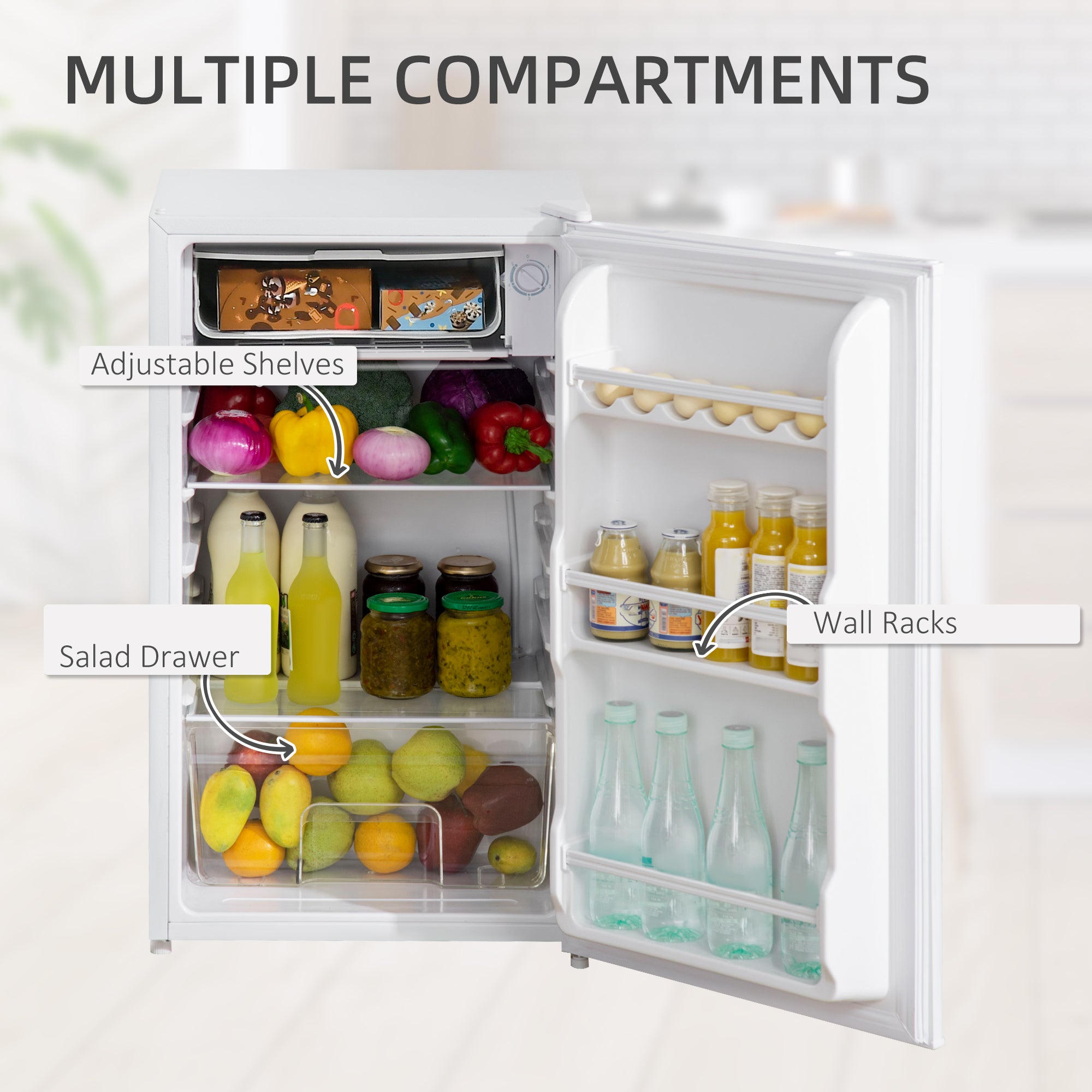 91 Litre Freestanding Under Counter Fridge Freezer, Small Fridge with Chiller Box, Adjustable Thermostat, 47.5cm Wide, White