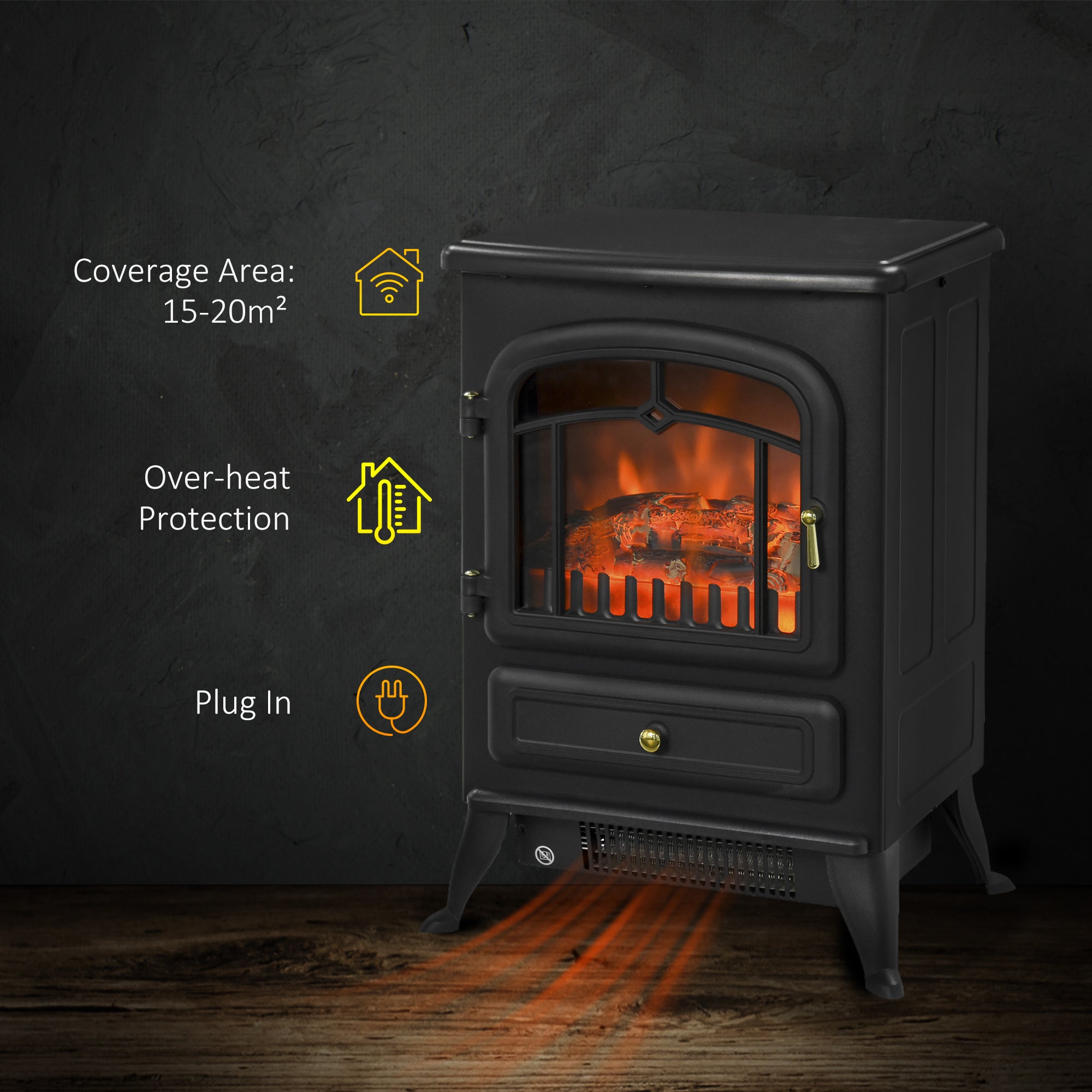 Fynco - Freestanding Electric Fireplace Indoor Heater Glass View Log Wood Burning Effect Flame Portable Fireplace Stove 950/1850W Black