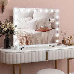 Hollywood Vanity Mirror with Lights, Large 80x62 cm Lighted Makeup Mirror with 3 Colour, 18 LED Bulbs, 10X Magnifying, USB Charging Port, Touch Screen, Tabletop or Wall Mounted Design, White