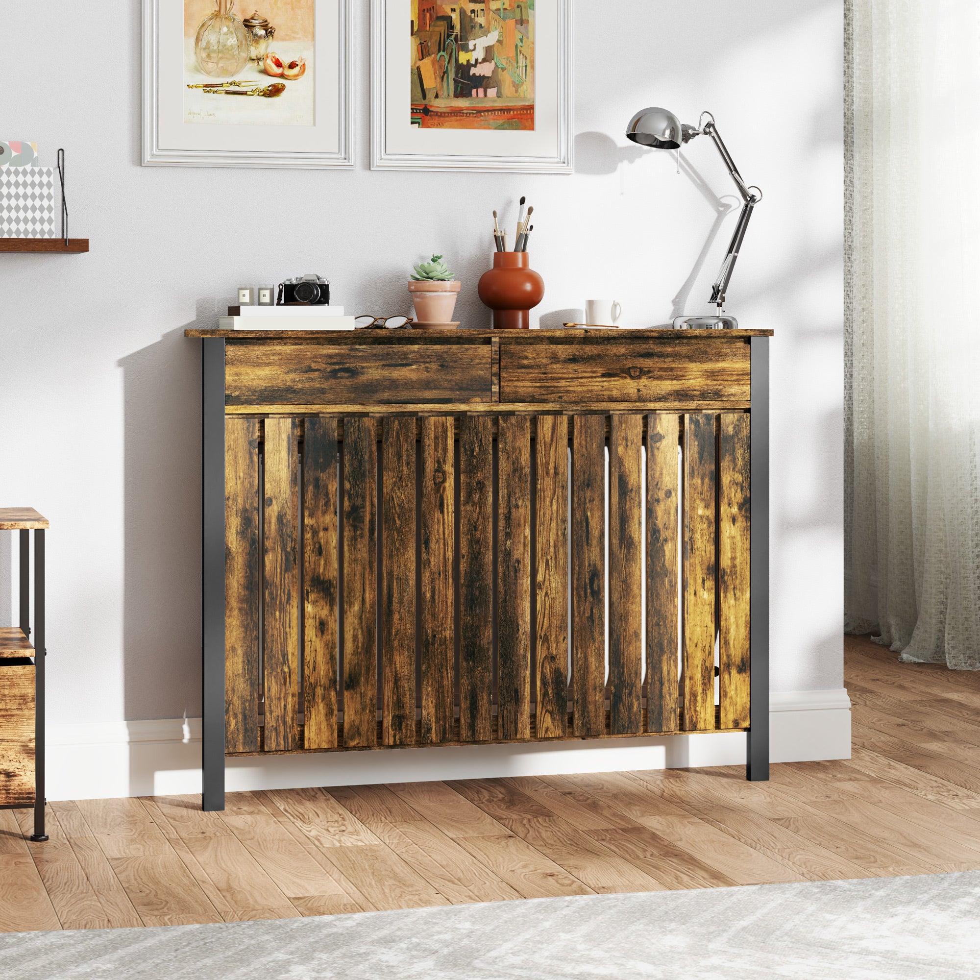 Fynco - 93 x 119cm Rustic-Look Radiator Cover - Brown/Black