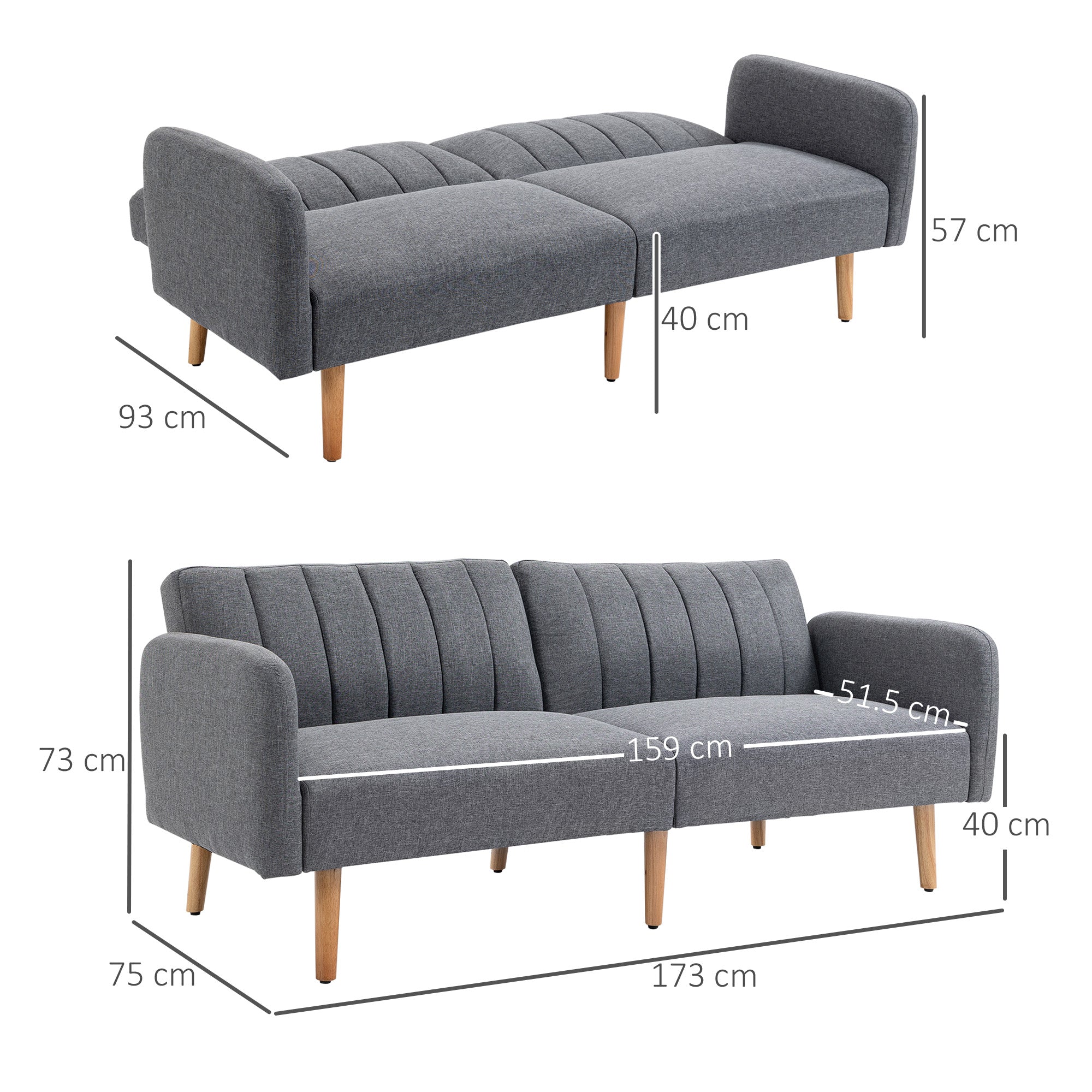 3 Seater Sofa Bed, Convertible Linen Fabric Sofa Couch, Click Clack Sofabed with Adjustable Split Backrest for Living Room, Bedroom, Guest Room, Grey