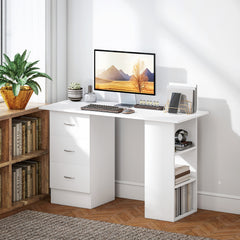 Fynco - Computer Desk, Writing Table, PC Workstation with 3 Storage Shelves and Drawers, Silver Handle, for Home Office, White