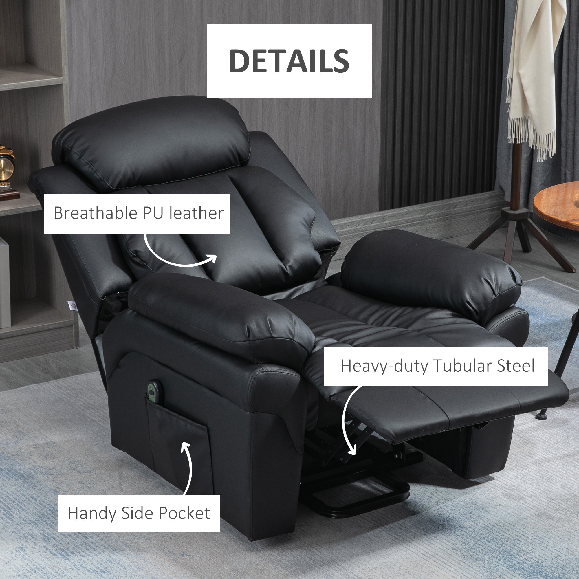 Fynco - Power Lift Chair Recliner for Elderly, Electric Recliner Chair, Overstuffed Faux Leather Riser and Reclining Armchair with Remote Control, Side Pockets, for Living Room, Black