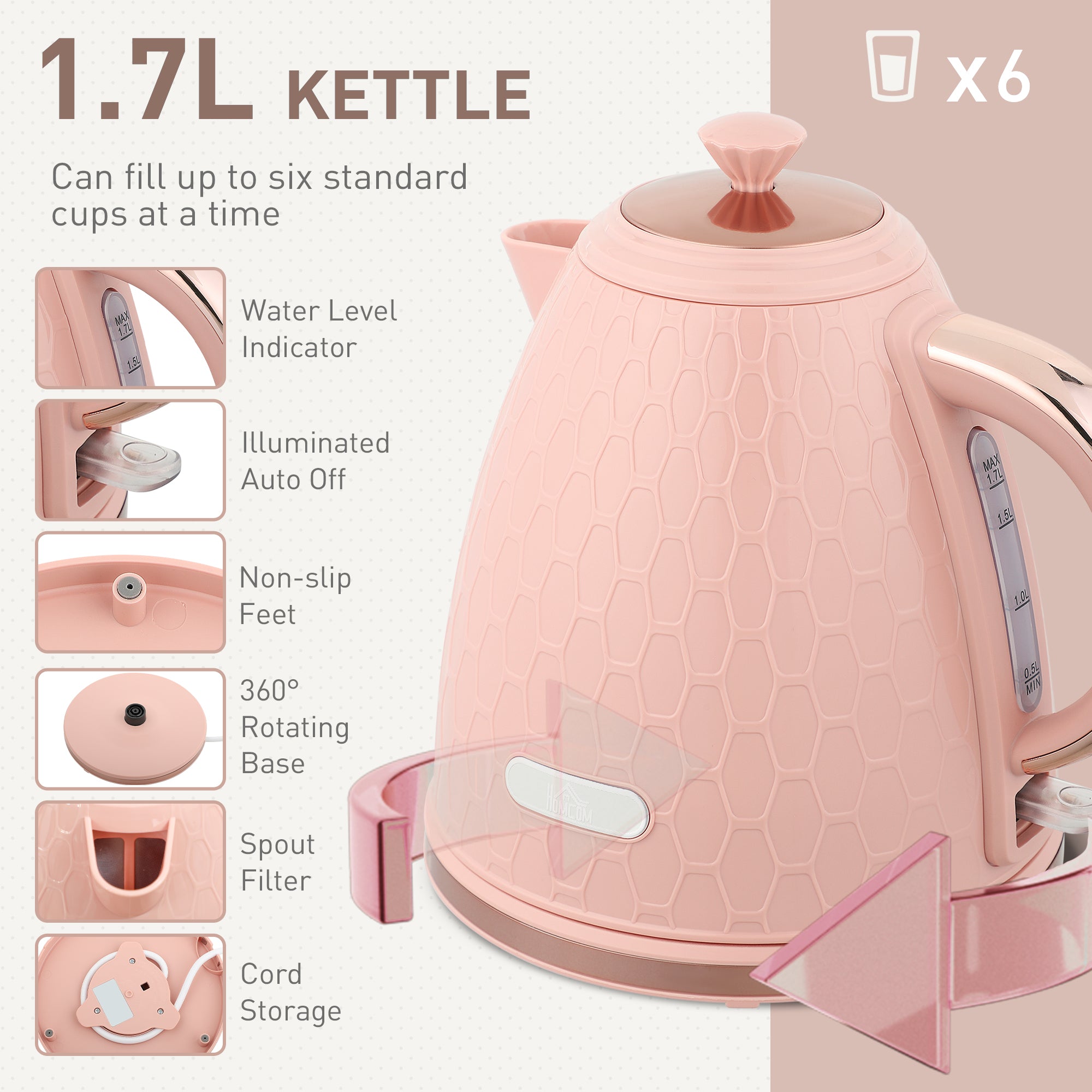 1.7L 3000W Fast Boil Kettle & 2 Slice Toaster Set, Kettle and Toaster Set with Auto Shut Off, Browning Controls, Light Pink