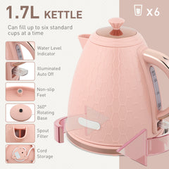 1.7L 3000W Fast Boil Kettle & 2 Slice Toaster Set, Kettle and Toaster Set with Auto Shut Off, Browning Controls, Light Pink