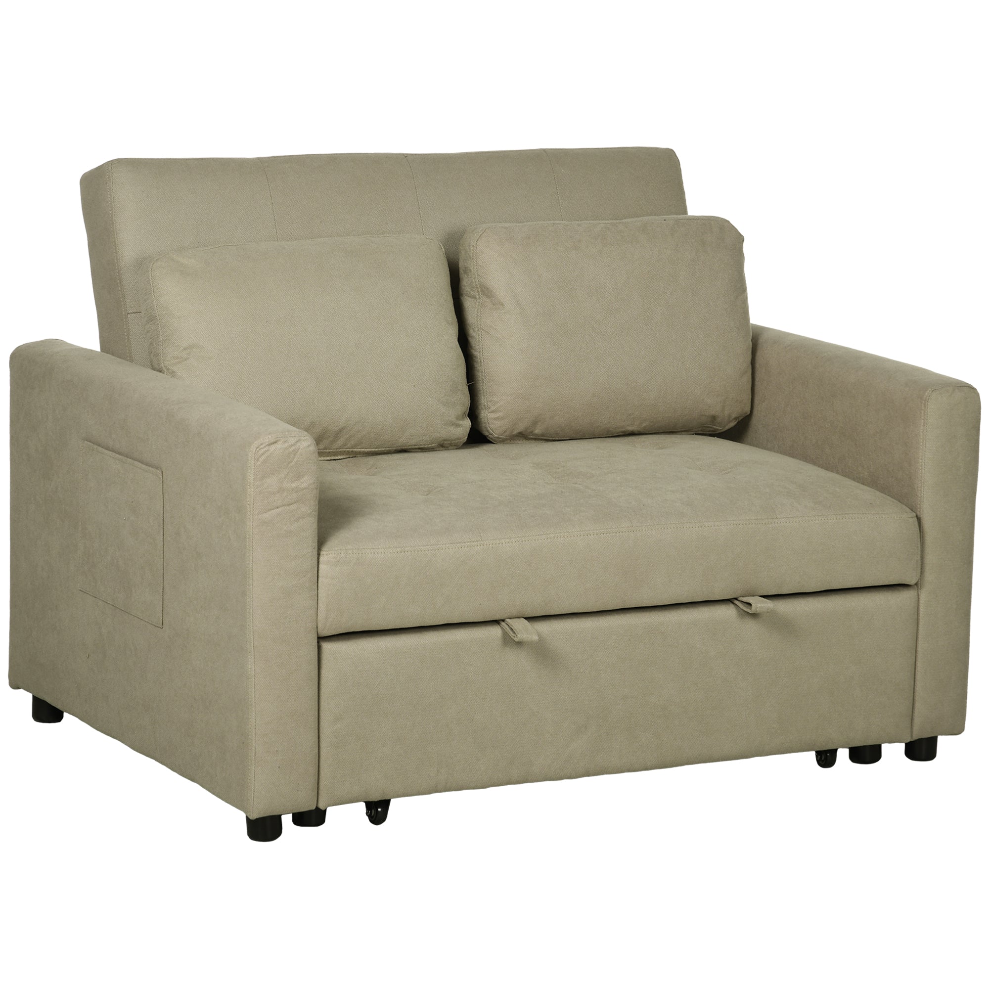 Loveseat Sofa Bed, Convertible Bed Settee with 2 Cushions, Side Pockets for Living Room, Light Brown