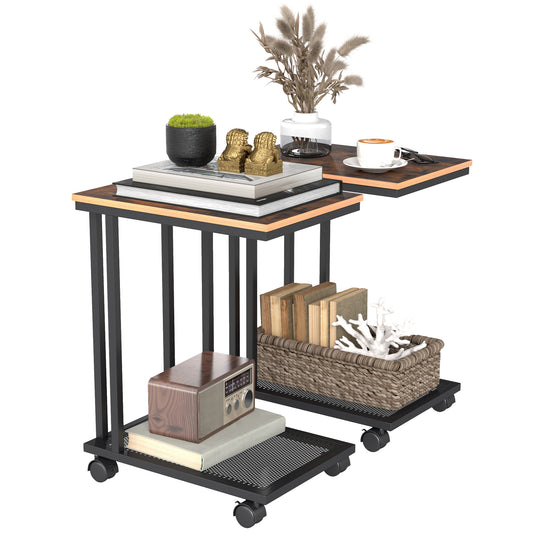 C Shaped Side Table Set of 2 with Wheels, Mobile End Table, Laptop Stand with Metal Frame and Storage Shelf, Rustic Brown