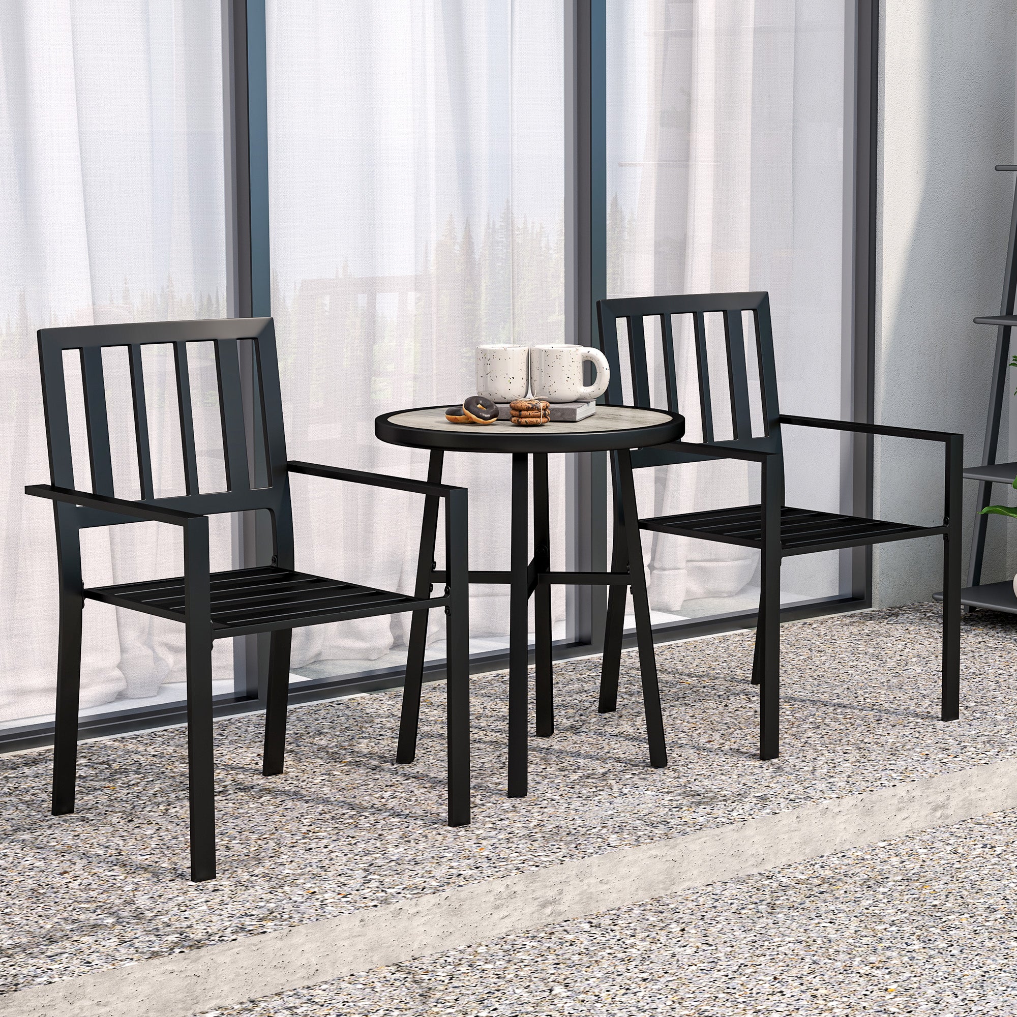3 Piece Patio Bistro Set with Plastic Top, 2 Stackable Chairs, Galvanised Steel Frame, Grey