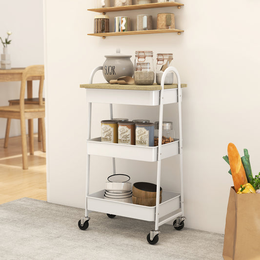 Fynco - 3-Tier Kitchen Storage Trolley with on Wheels Cover Top Board - White and Oak