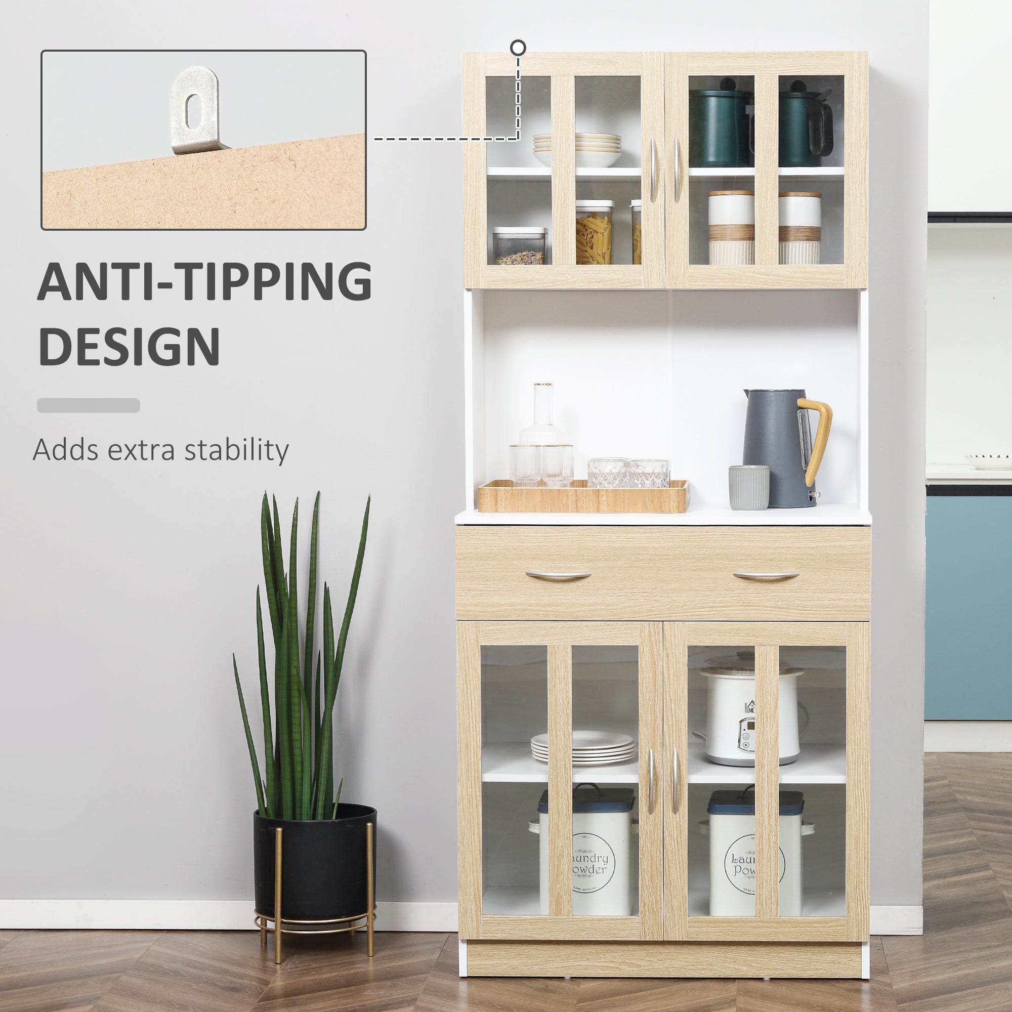 Modern Kitchen Cupboard, Freestanding Storage Cabinet Hutch with Central Drawer, 2 Glass Door Cabinets and Countertop, 180cm