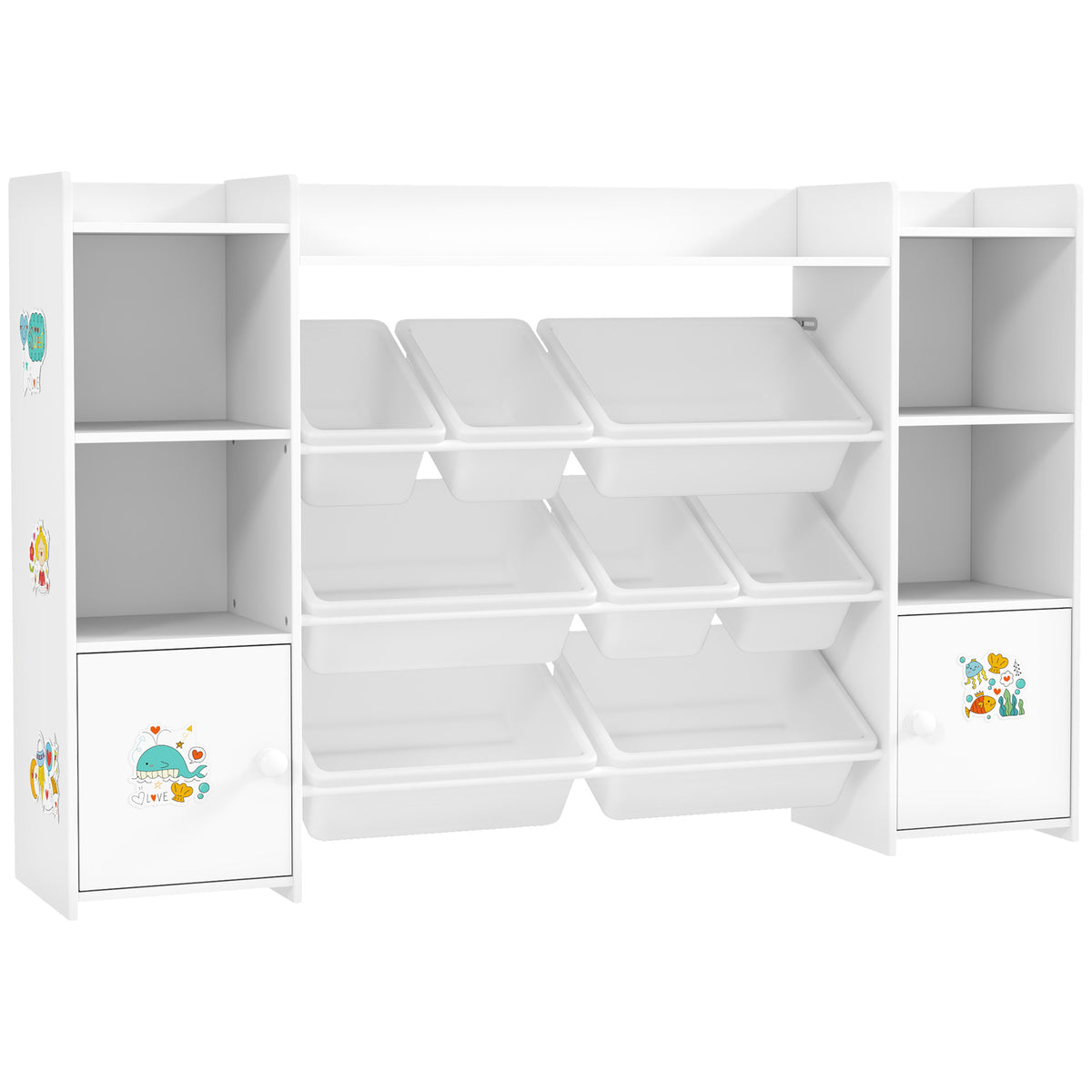 AIYAPLAY Kids Toy Organizers and Storage with 8 Removable Storage Bins and Bookshelf, White