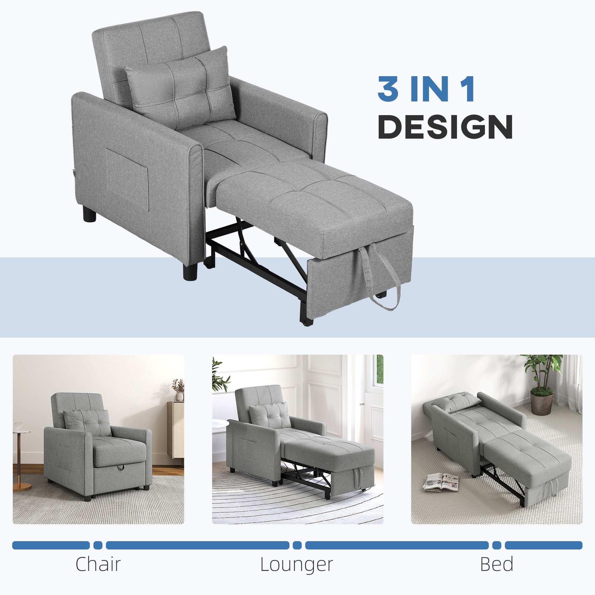 Linen-Look Single Chair Bed - Light Grey