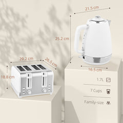 Stainless Steel Kettle and Toaster Set, 1.7L 3000W Rapid Boil Jug Kettle with UK Strix Thermostat, Limescale Filter, 4 Slice Toaster with 7 Browning Controls, Crumb Tray, White and Silver Tone