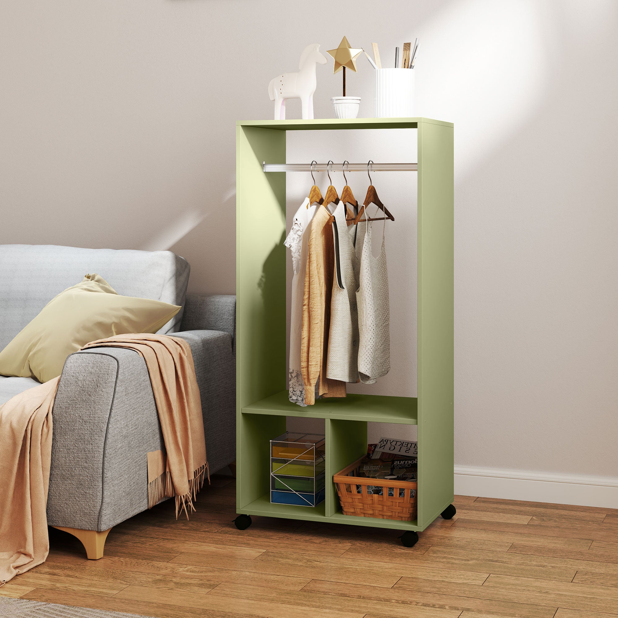 Open Wardrobe on Wheels, Bedroom Wardrobe with Clothes Hanging Rail, 2 Storage Shelves, Mobile Garment Rack for Cloakroom, Hallway, Green