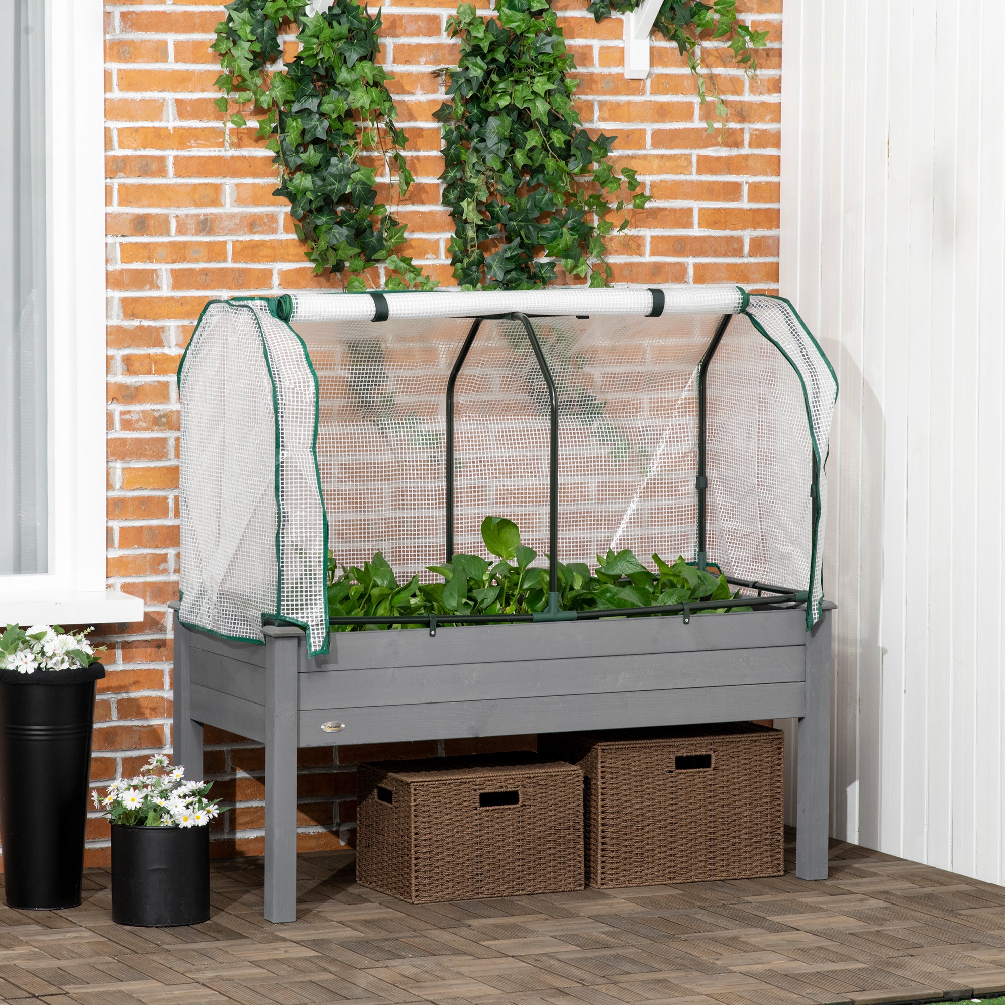 Fynco - Raised Garden Bed Outdoor Elevated Wood Planter Box w/ PE Cover, Dark Grey