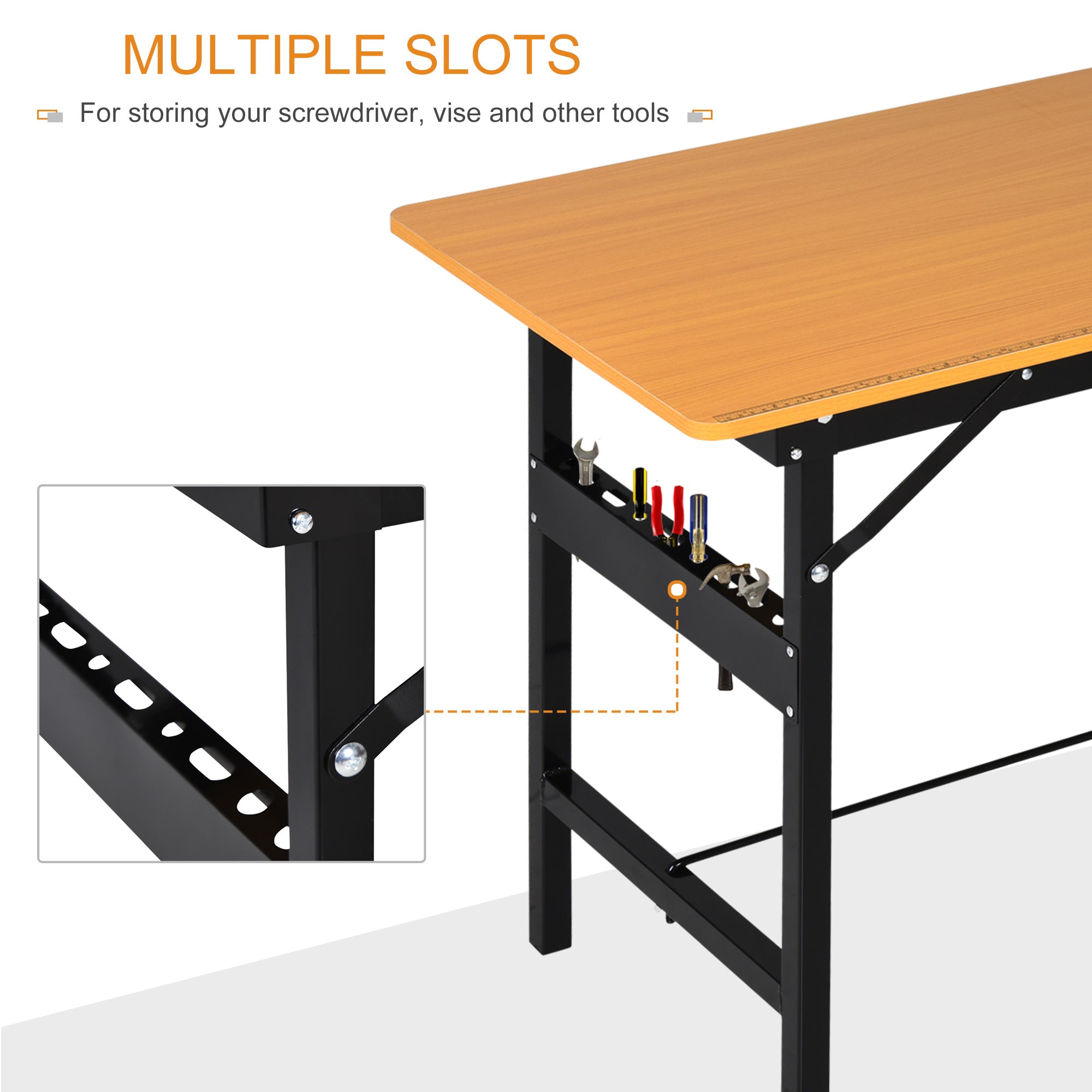 100 cm Foldable Garage Work Bench, Craft Table MDF Workstation, Heavy-duty Steel Frame with Ruler, Protractor