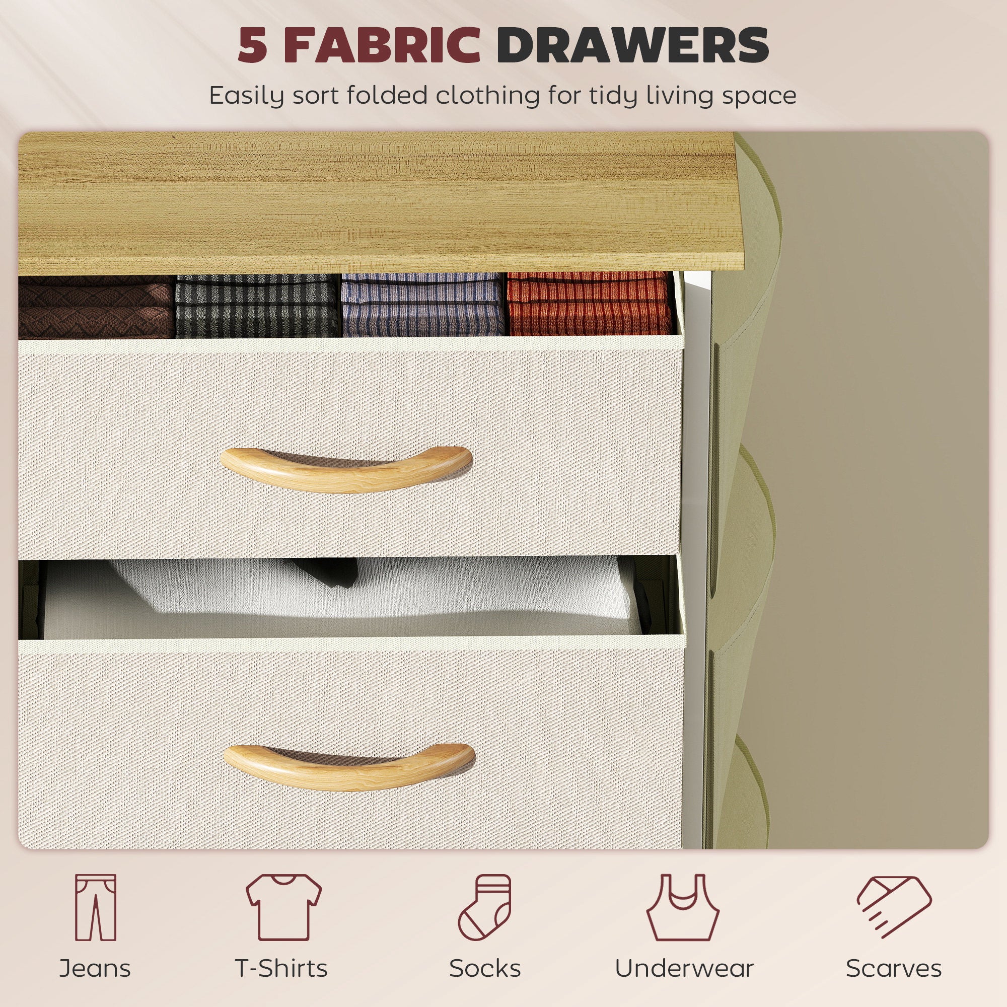 Chest of Five Fabric Drawers - Beige
