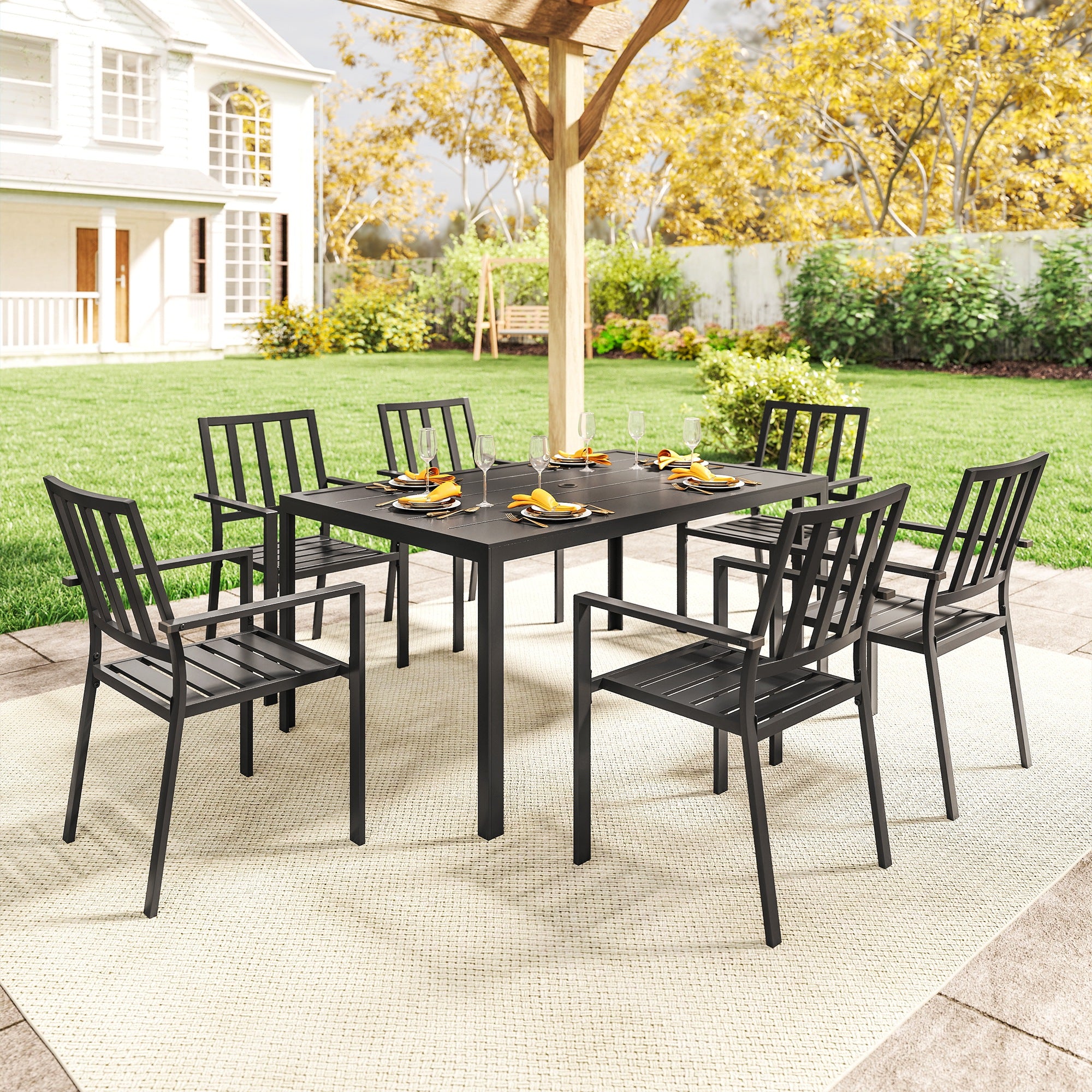 Seven-Piece Minimal Metal Garden Dining Set, with Parasol Hole - Black