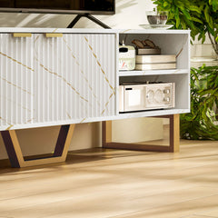 Marble Effect TV Unit, TV Stand Cabinet for up to 70" TVs, Modern TV Cabinet with Shelves and Storage Cupboard, Fluted Door, Extra Centre Leg, Cable Management for Living Room, White
