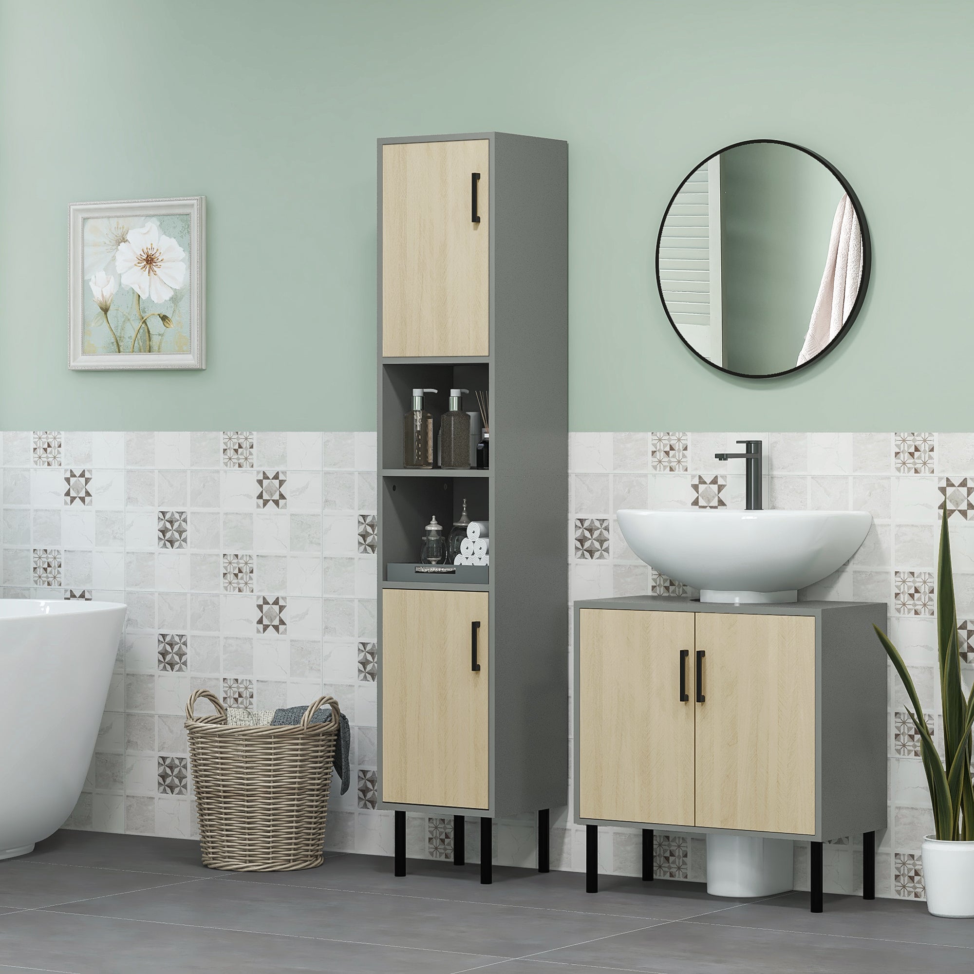 kleankin Bathroom Furniture Set with Doors, Tall Bathroom Cabinet with Adjustable Shelves, Under Sink Cabinet, Grey