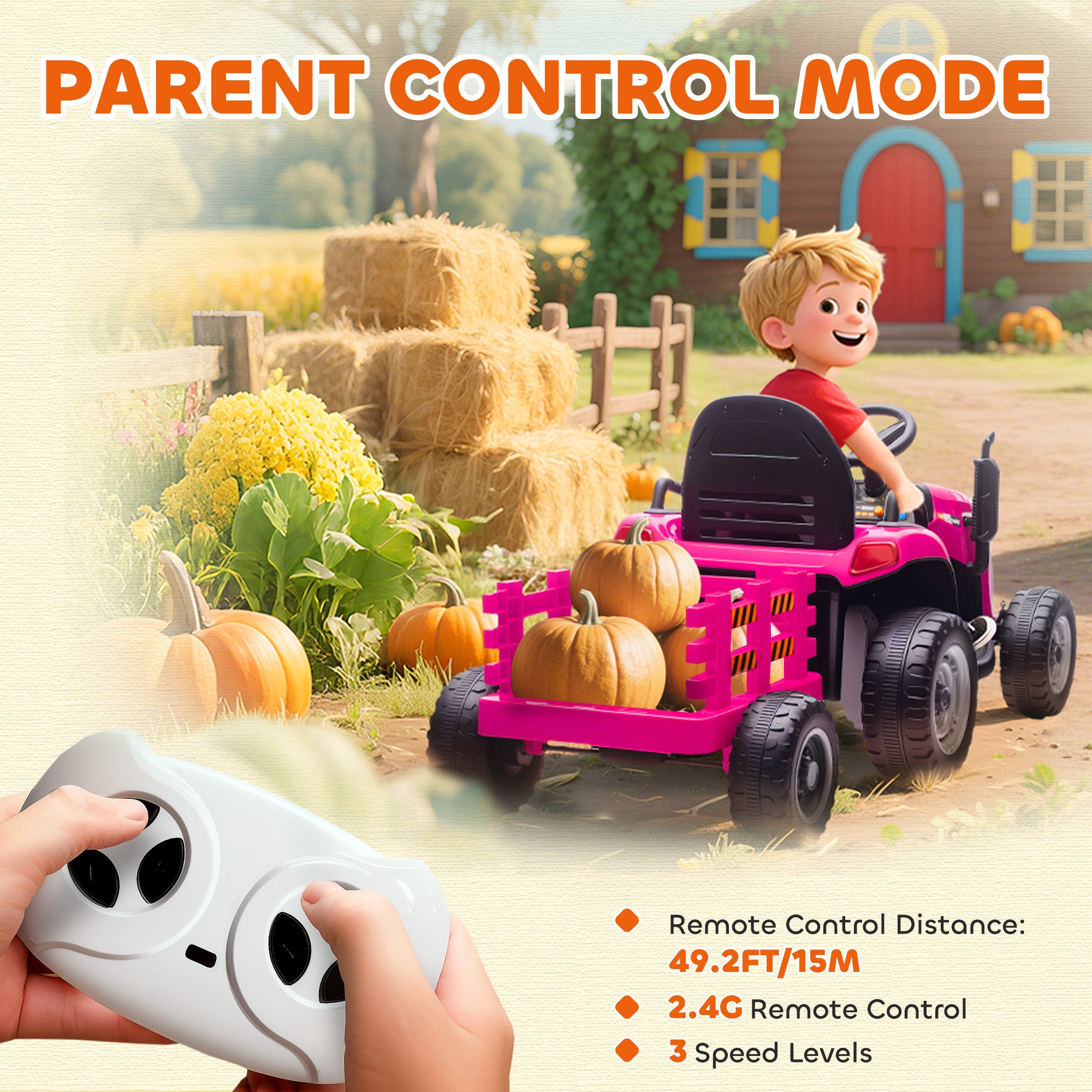 AIYAPLAY 12V Ride on Tractor and Trailer with Remote Control, Music, Shifter, Start-Up Sound, for Kids Ages 3-8 Years, Pink