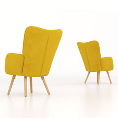 Modern Accent Chair Velvet-Touch Tufted Wingback Armchair Upholstered Leisure Lounge Sofa Club Chair with Wood Legs, Set of 2, Yellow