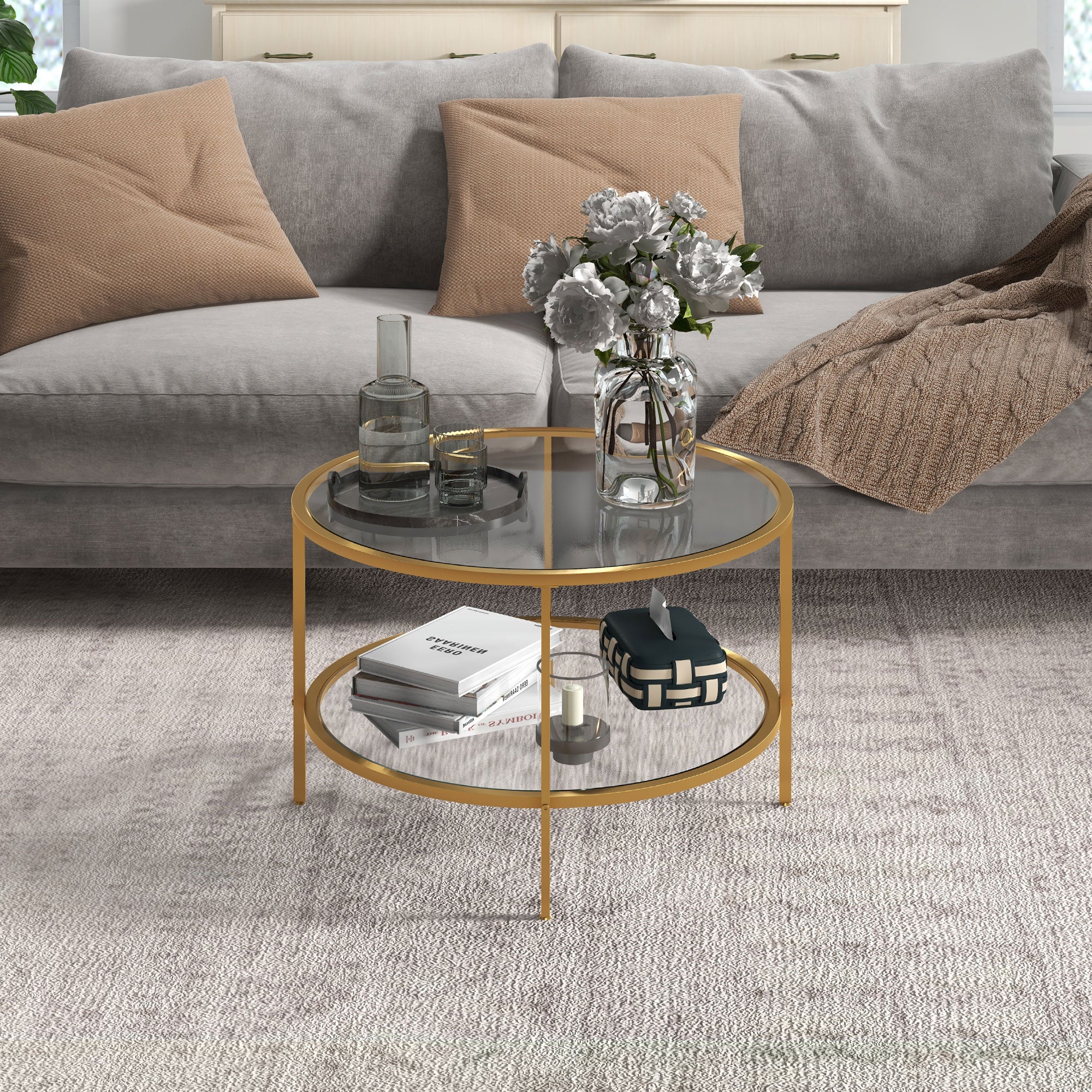 Round Coffee Table with Storage, 2-Tier Tempered Glass Coffee Table with Steel Frame for Living Room, Gold Tone