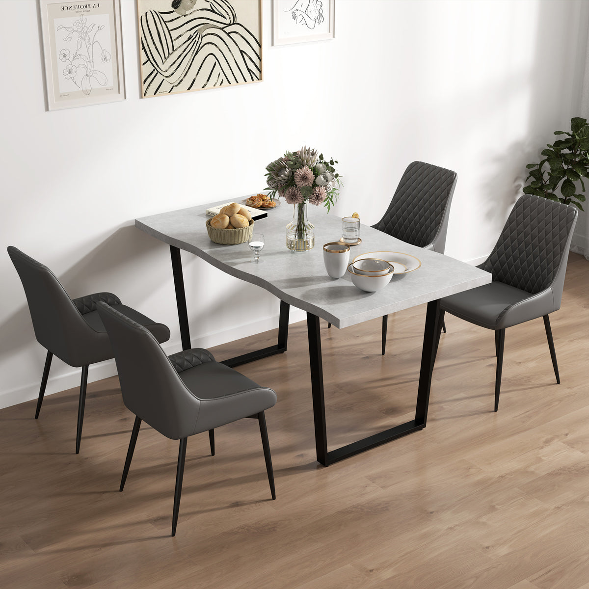 Set of 4 Quilted PU Leather Dining Chairs with Metal Frame 4 Legs Foot Caps Home Seating Modern Stylish Executive, Grey