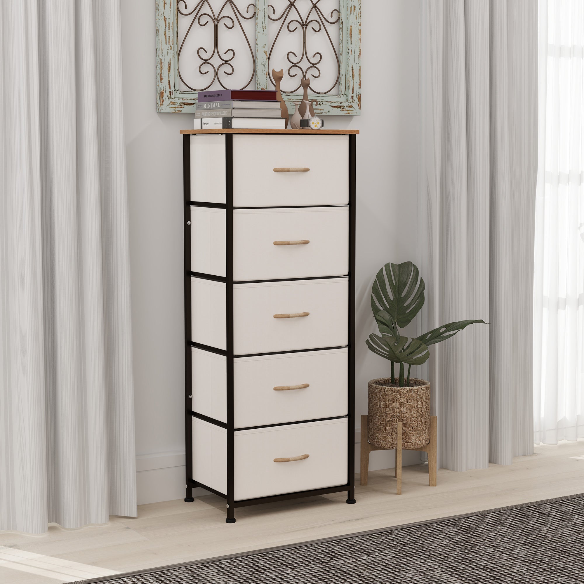 Fabric Chest of Drawers, Industrial Bedroom Dresser with 5 Fabric Drawers, Steel Frame and Wooden Top for Nursery, Living Room, Hallway, Cream White