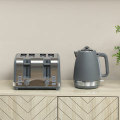 Stainless Steel Kettle and Toaster Set, 1.7L 3000W Rapid Boil Jug Kettle with UK Strix Thermostat, Limescale Filter, 4 Slice Toaster with 7 Browning Controls, Crumb Tray, Grey and Silver Tone