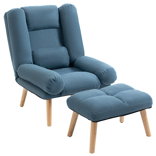 Armchair with Footstool, 180° Recliner with Ottoman, Accent Chair and Footstool with 3-Position Adjustable Backrest and Wooden Legs for Living Room, Blue