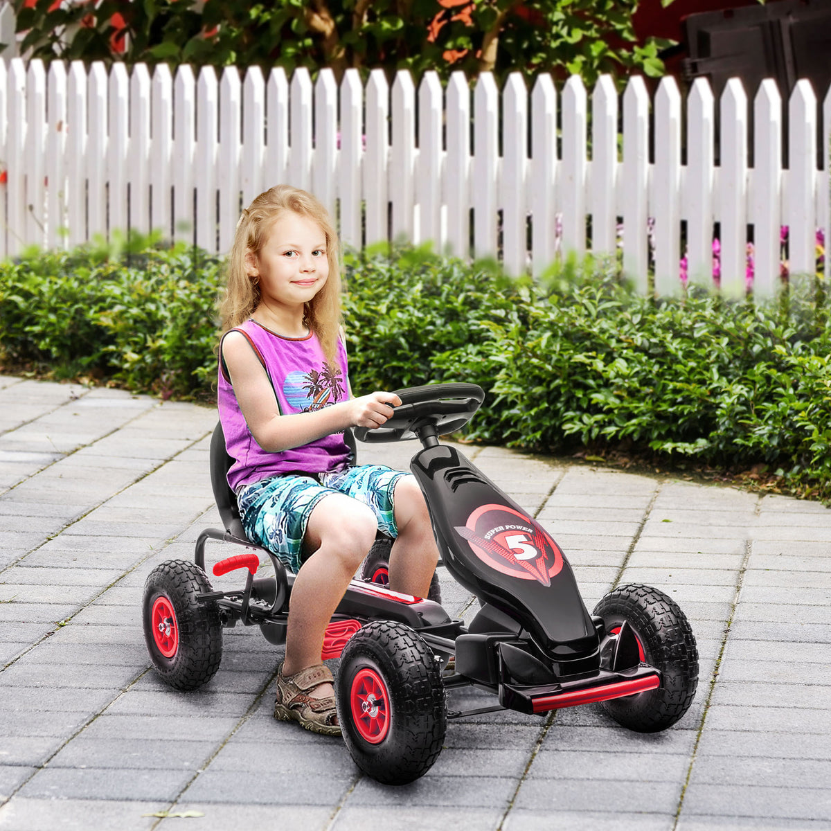 Kids Pedal Go Kart, with Adjustable Seat, Inflatable Tyres - Red
