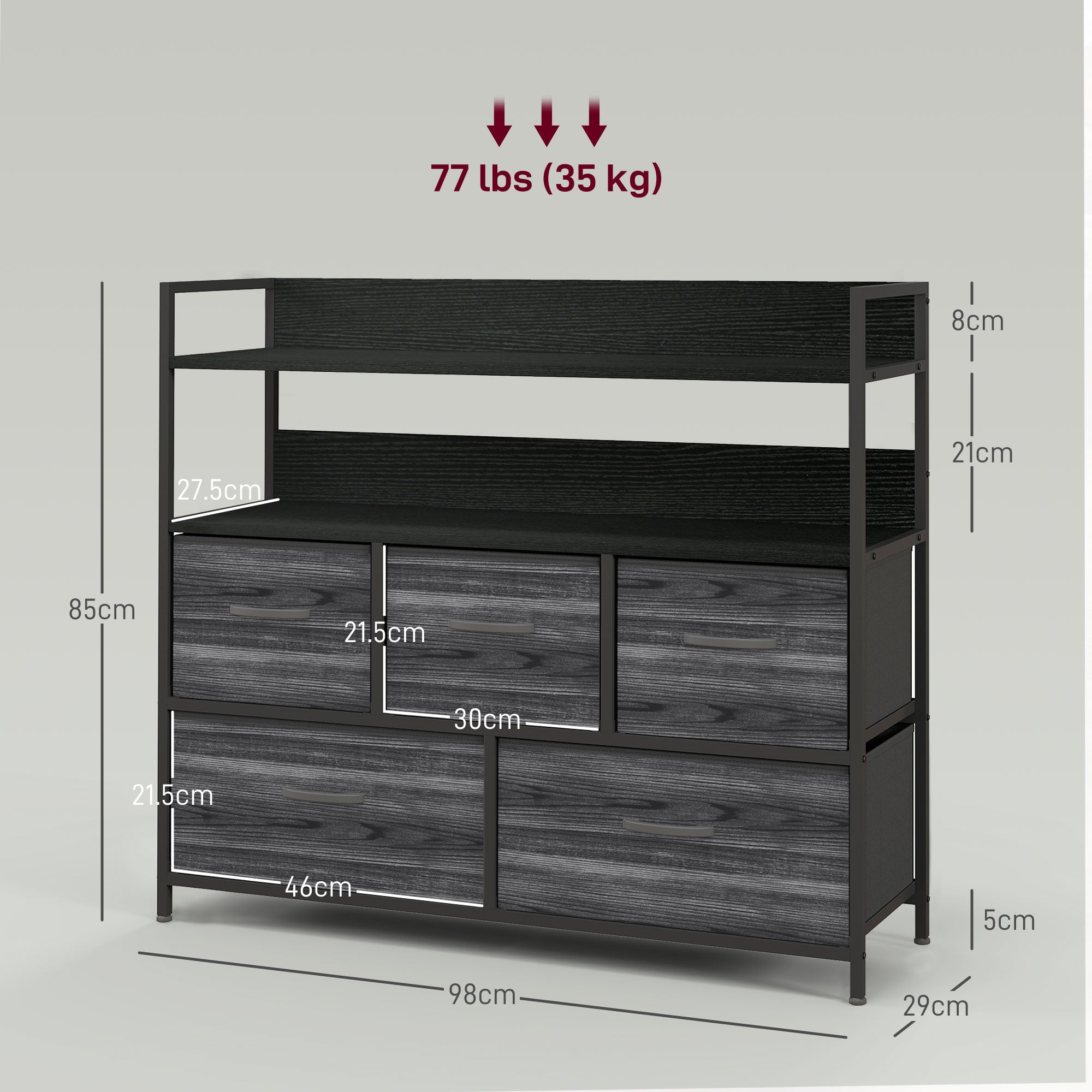 Rustic Chest of Five Fabric Drawers - Black