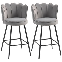 Fynco - Set of Two Velvet-Feel Lotus Bar Stools - Grey